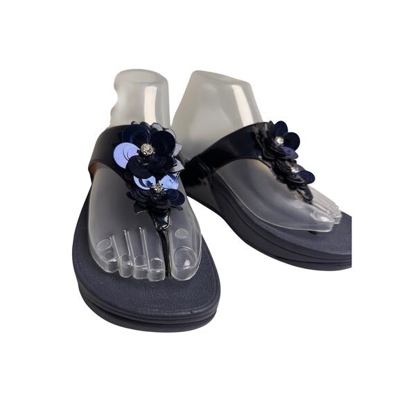 FitFlop Lulu Wildflower Navy Sequin Thong Sandals Shoes Women US Sz 6 Comfort EC - Picture 10 of 16